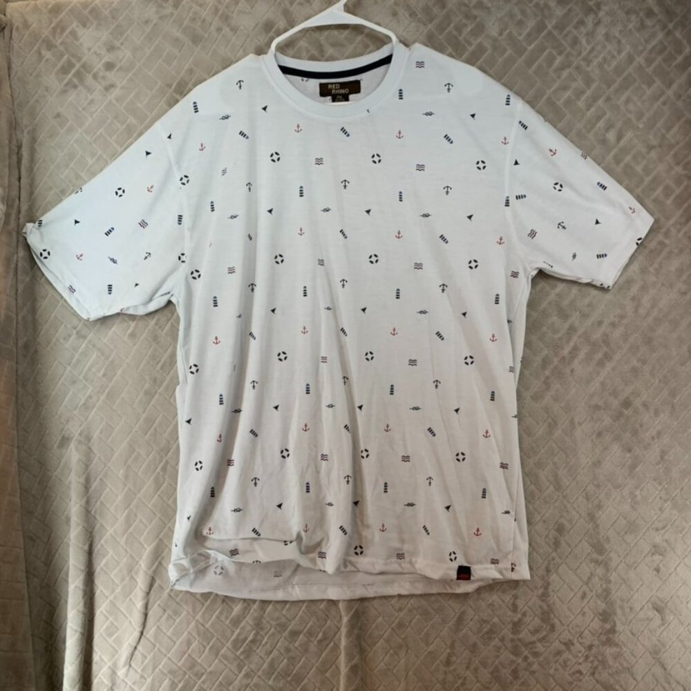 Red Rhino Mens 2X T-Shirt White Nautical Beach All Over Print Short Sleeve Logo